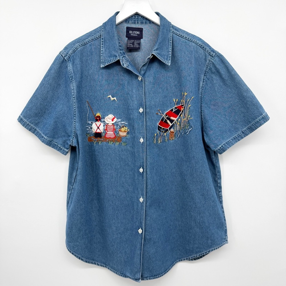 Vintage Denim Top Shirt Womens Large Embroidered Fishing Cabin Canoe Lake House